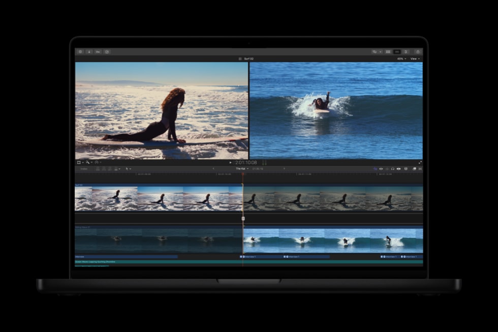 显示 Final Cut Pro 中 Advanced Trimming 的 MacBook Pro。